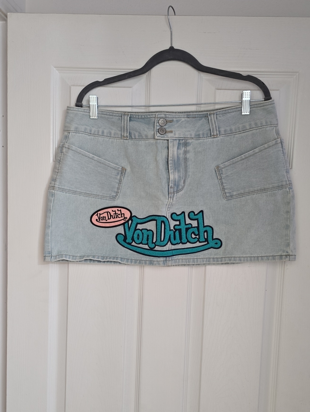 Authentic Von Dutch Light Wash Denim Mini Skirt with Turquoise & Pink Logo